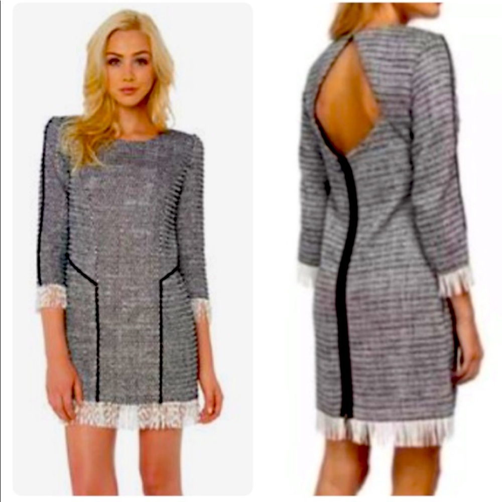 Sam Edelman Tweed Open Back Fringe Mini Dress